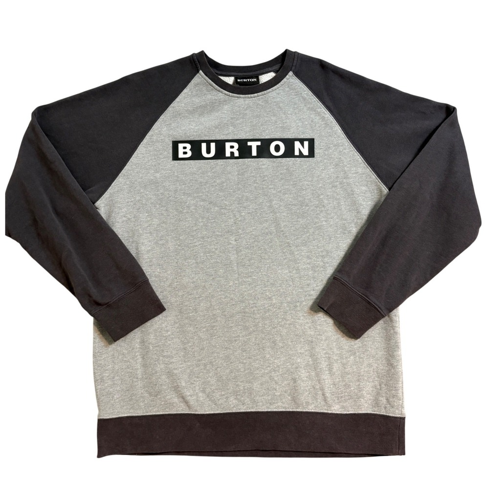 Burton Mens Raglan Crewneck Sweatshirt Gray Black Logo Fleece Large